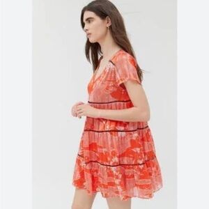 Urban Outfitters Floral Picnic Tiered Frock Orange Mini Dress Size Small